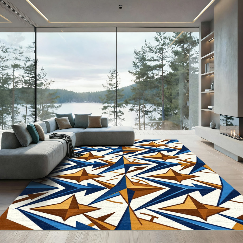 Geometric Navy and Golden Starburst Rug
