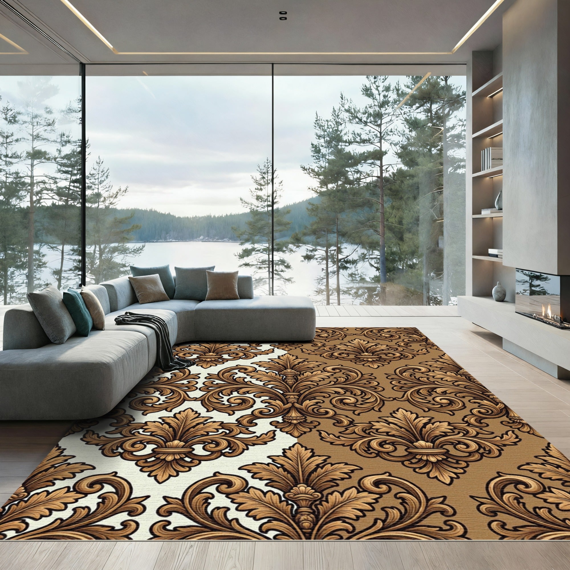 Elegant Gold Damask Victorian Scroll Rug