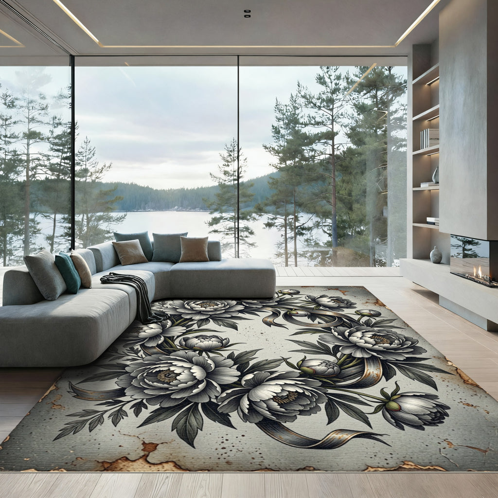 Monochrome Peony Wreath Ribbon Art Rug