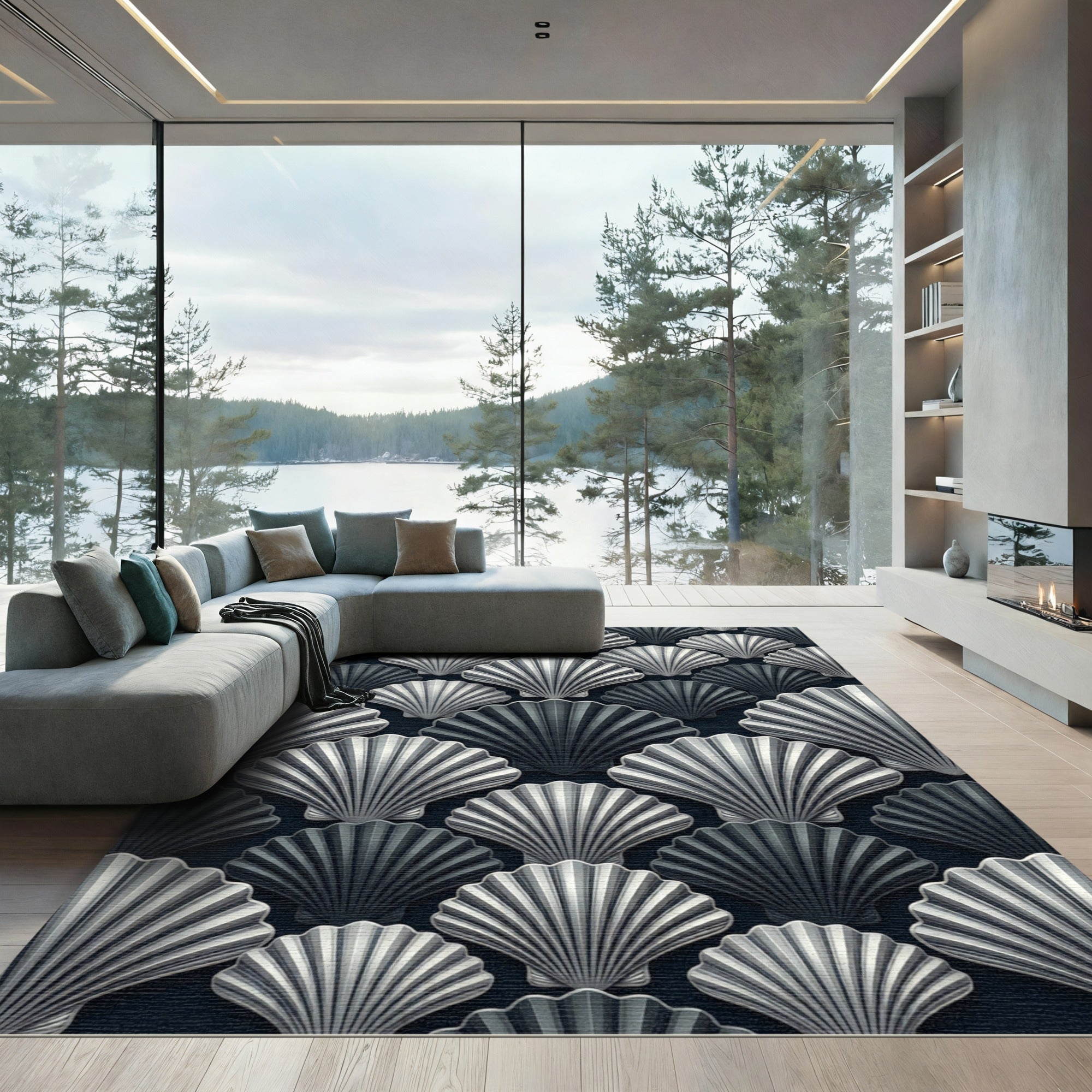 Monochrome Gray Scallop Shell Arrangement Rug