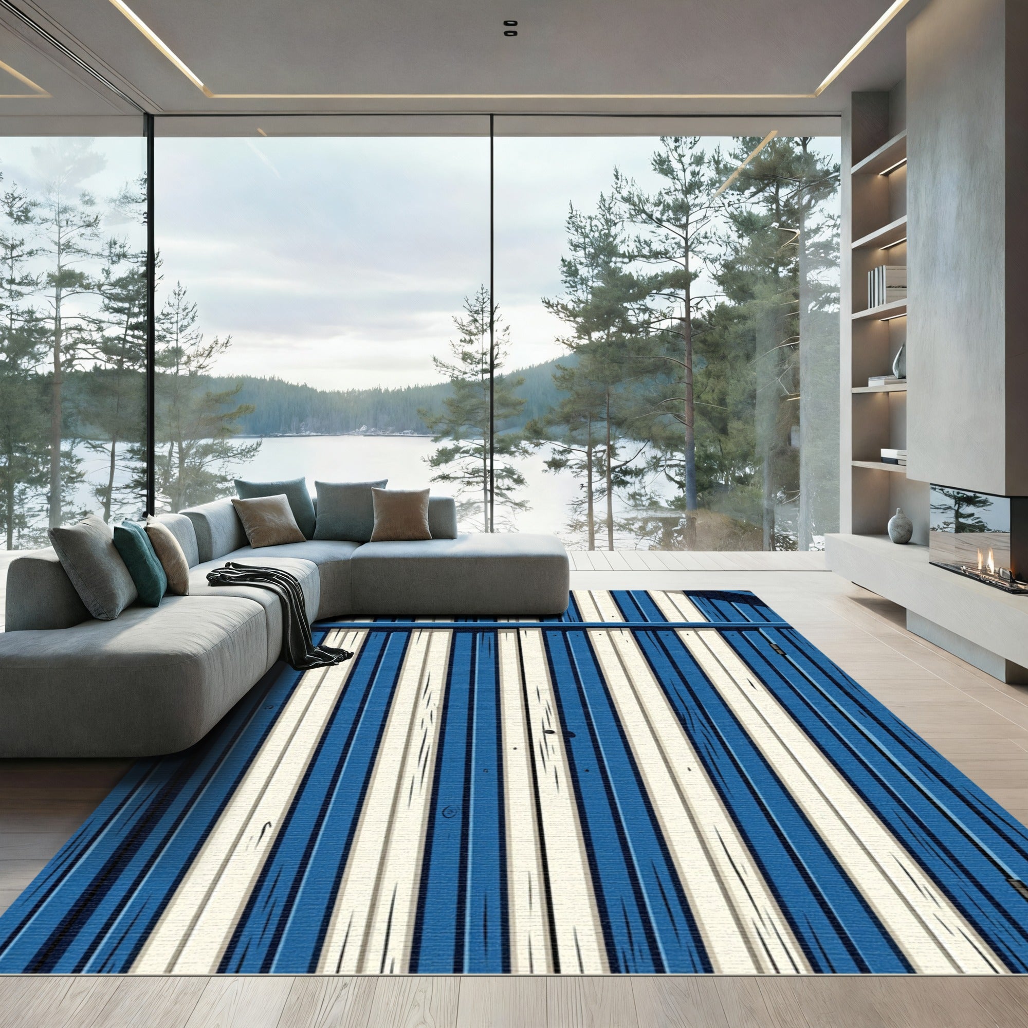 Coastal Blue White Wood Plank Rug