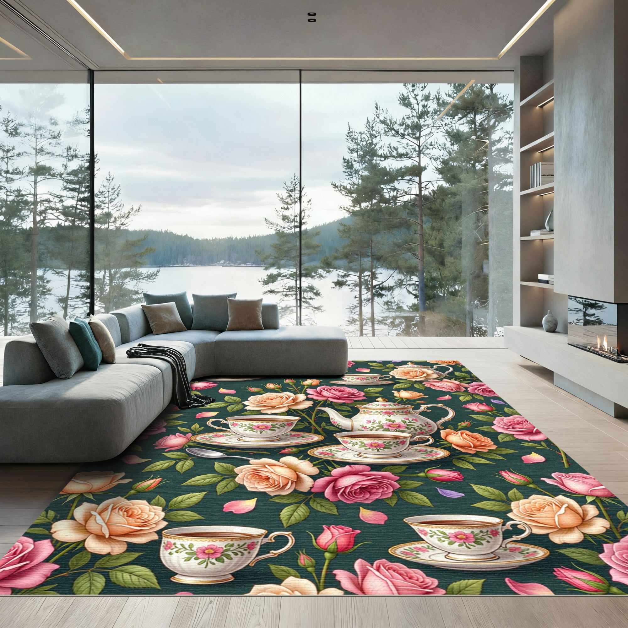 Tea Party Rose Botanical Forest Green Rug