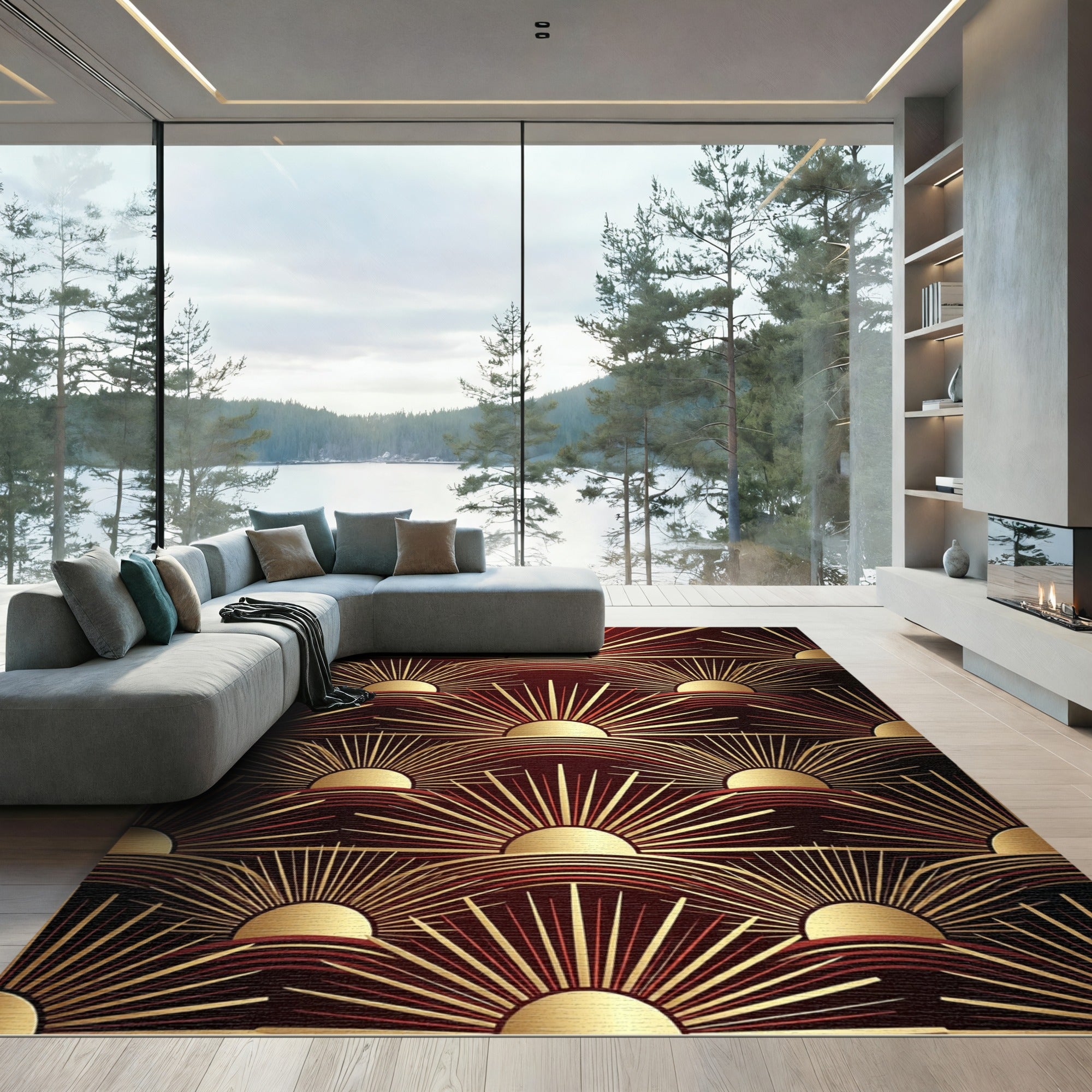 Art Deco Golden Sunburst Maroon Backdrop Rug
