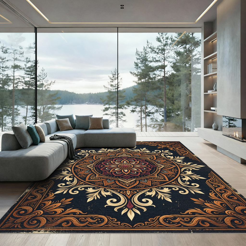 Ornate Golden Floral Mandala Rug