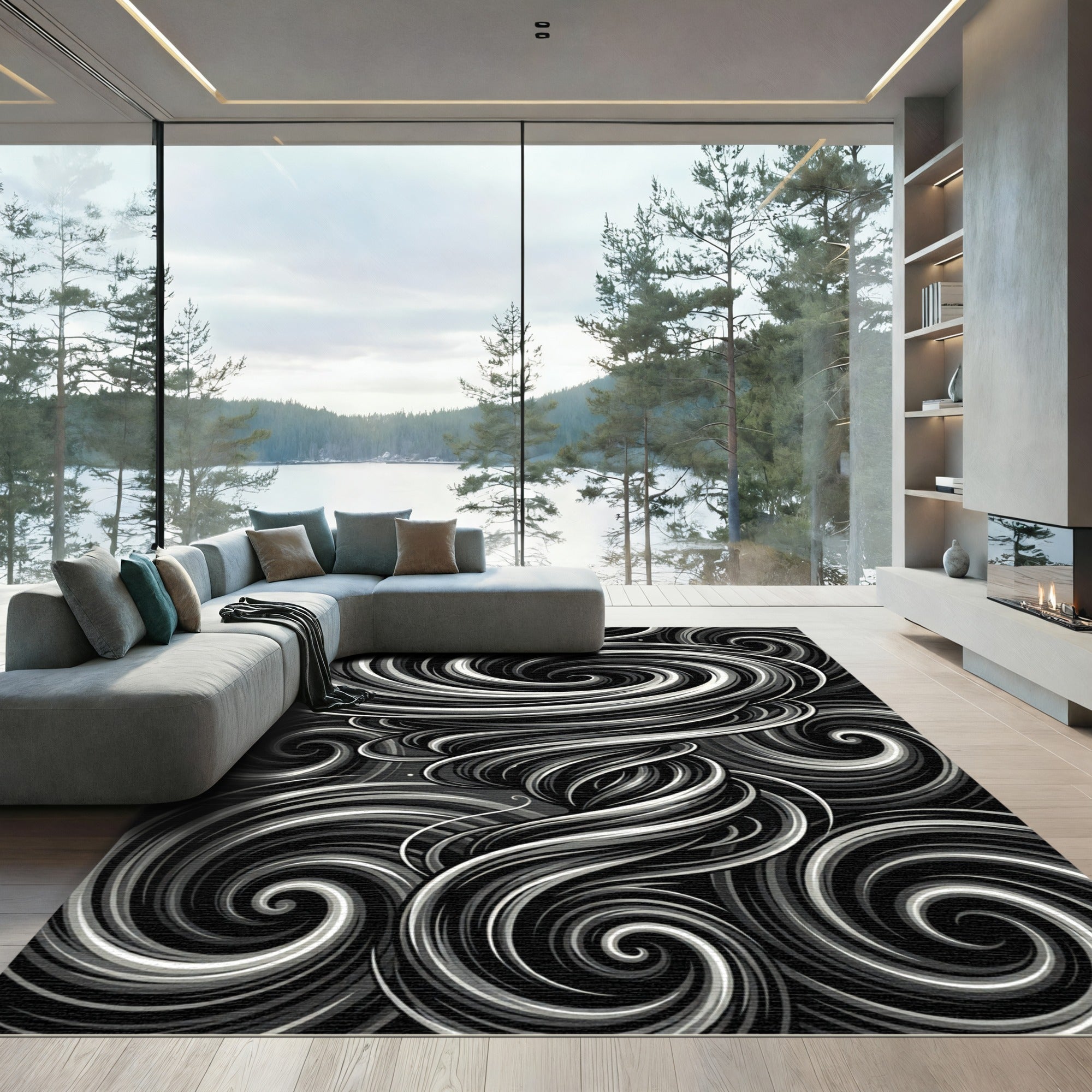 Monochromatic Swirling Vortex Graphic Rug
