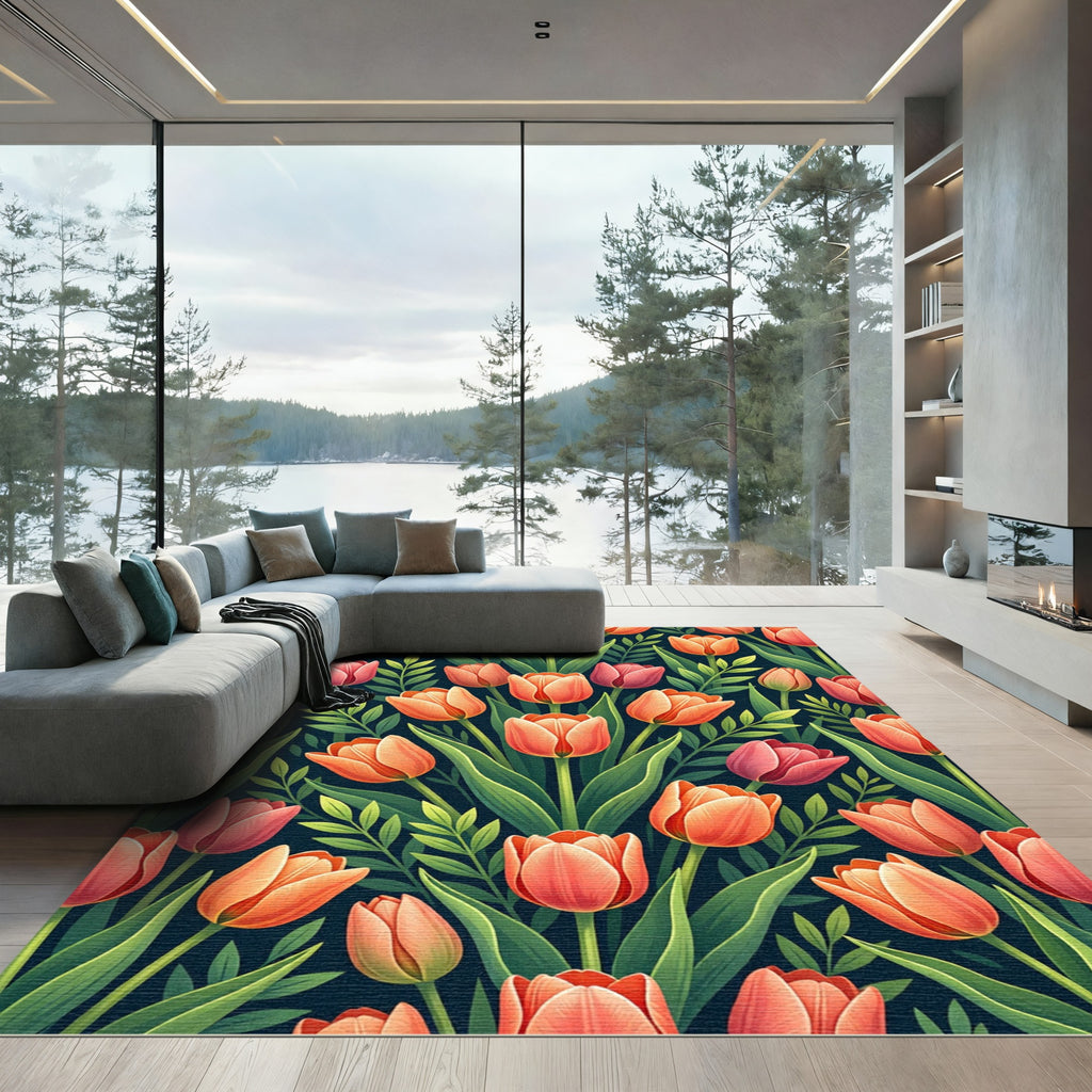 Coral Pink Tulip Garden Dark Background Rug