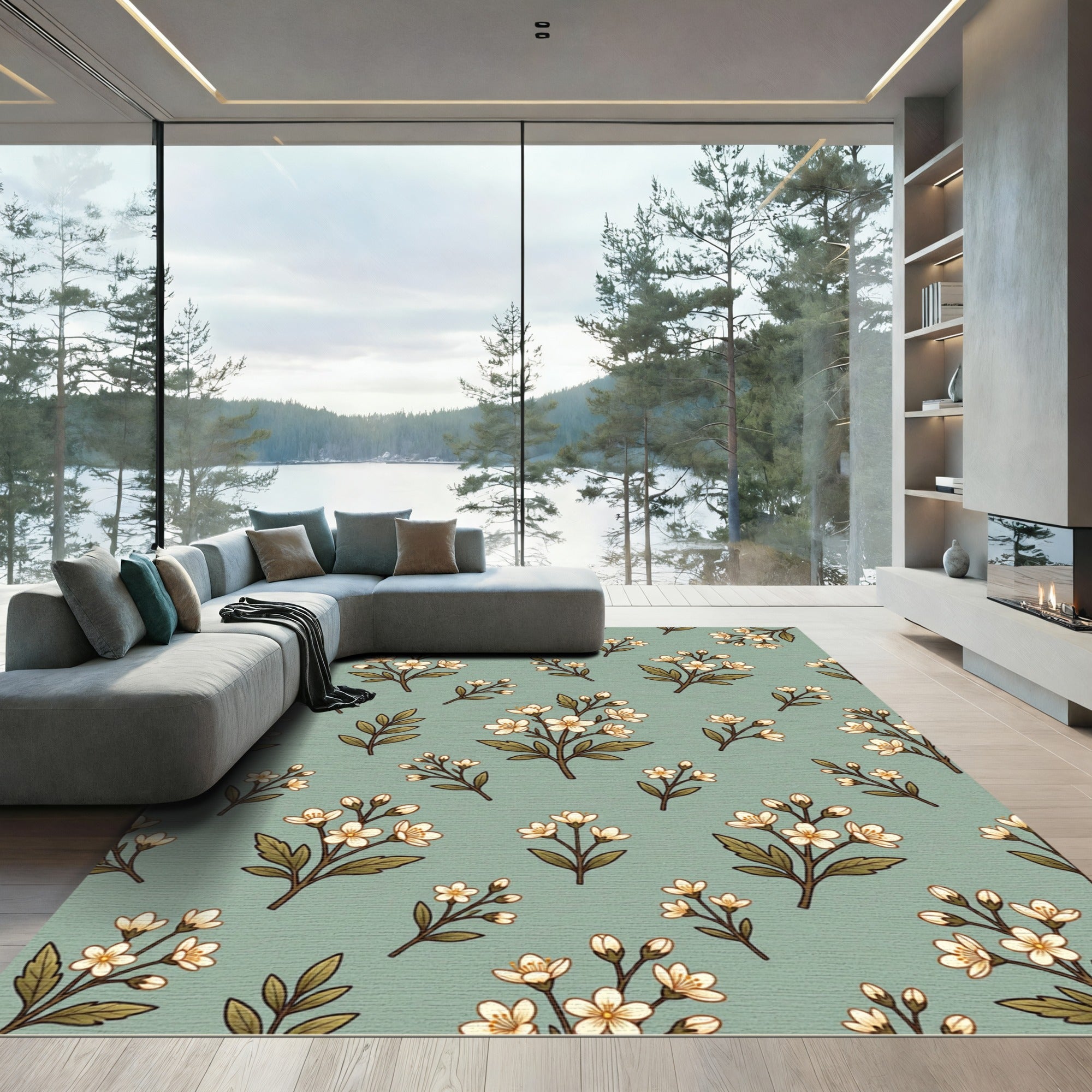 Delicate White Blossom Botanical Arrangement Rug