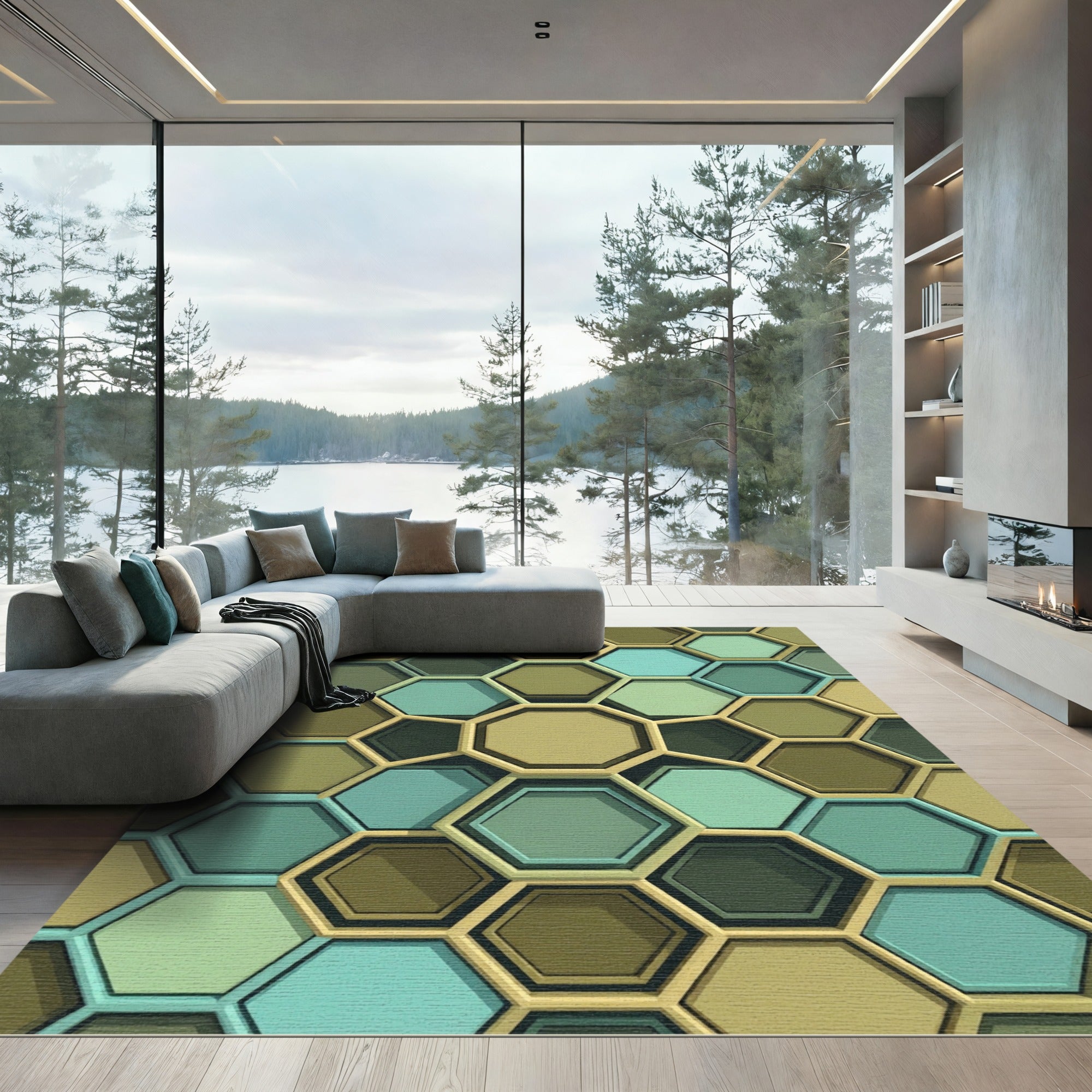 Earthy Blue Green Hexagon Grid Rug