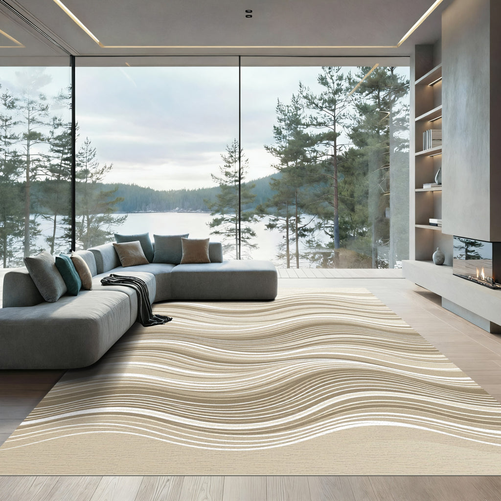 Neutral Beige Abstract Wave Rug