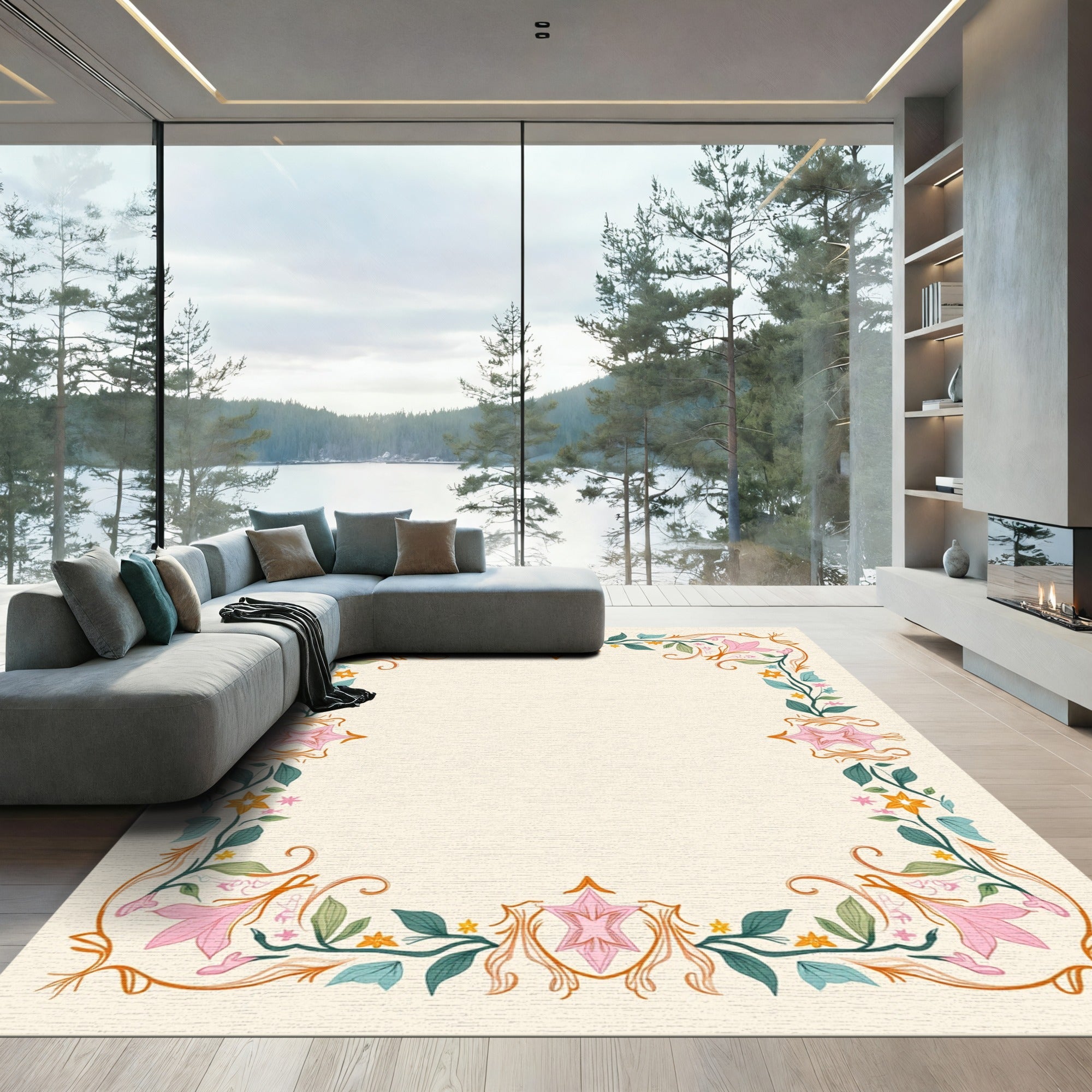 Pastel Pink Floral Vine Border Rug