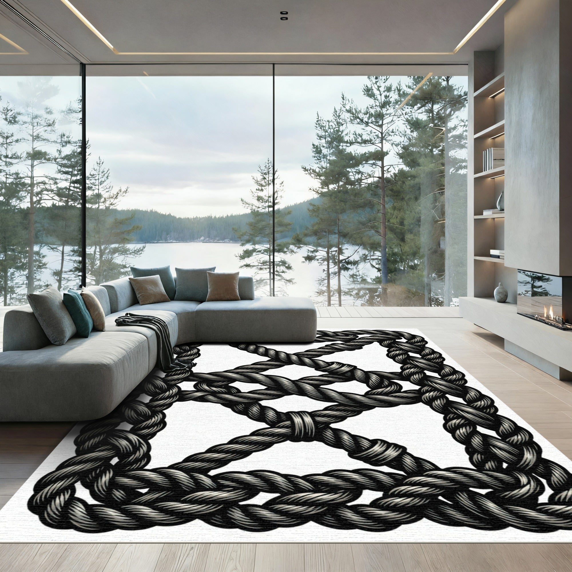 Charcoal Braided Knot Frame Rug