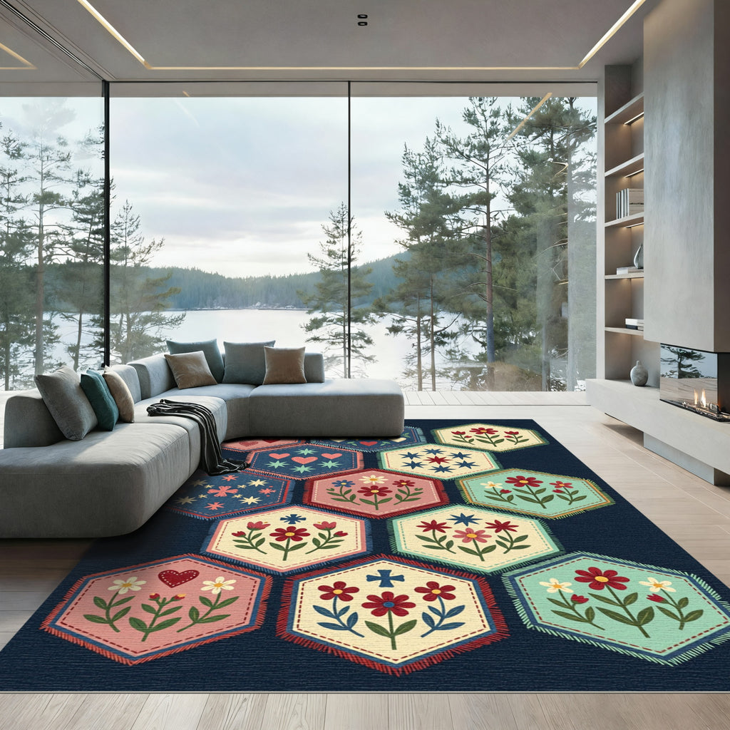 Floral Hexagon Folk Art Quilt Art Rug