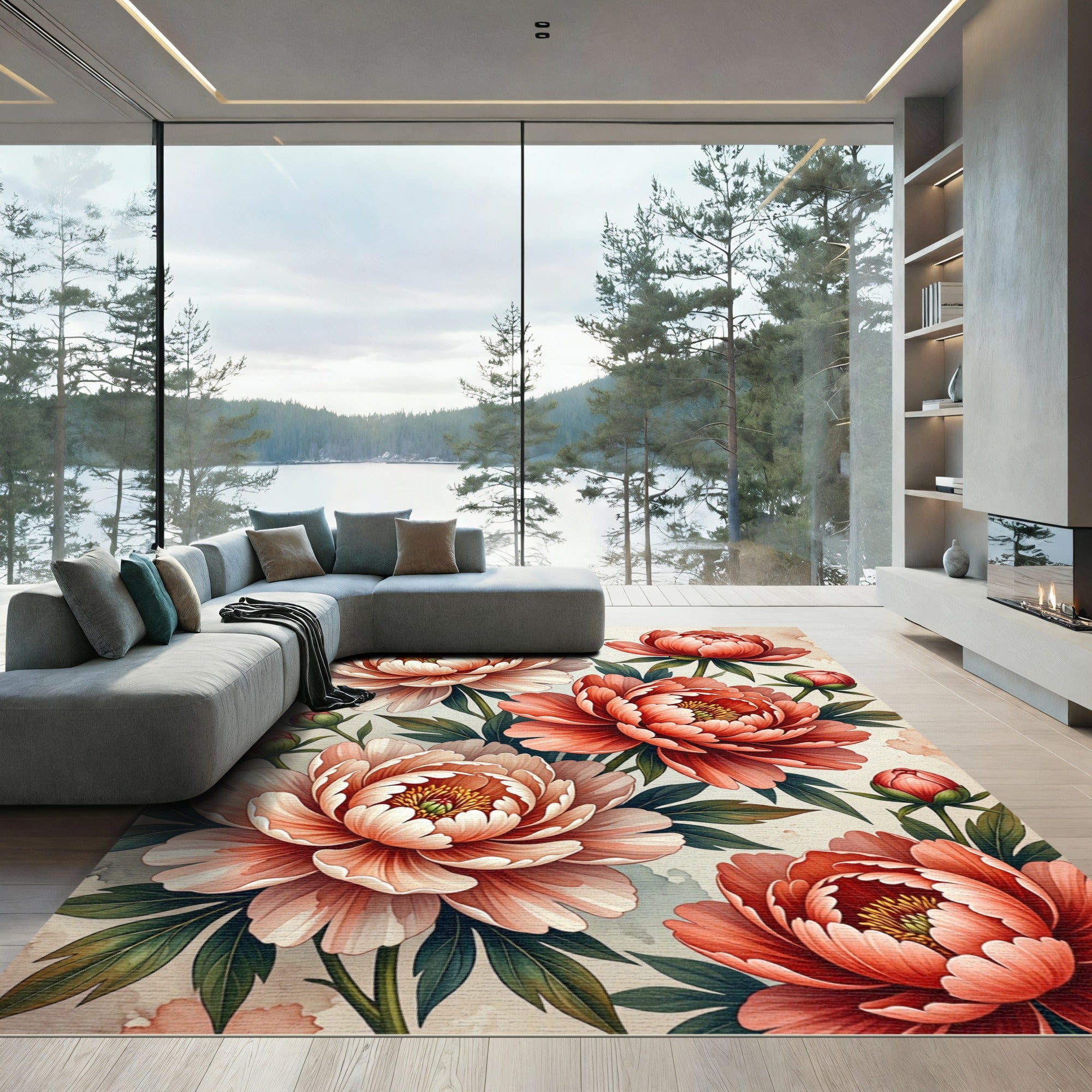 Peony Blossom Coral Watercolor Garden Rug