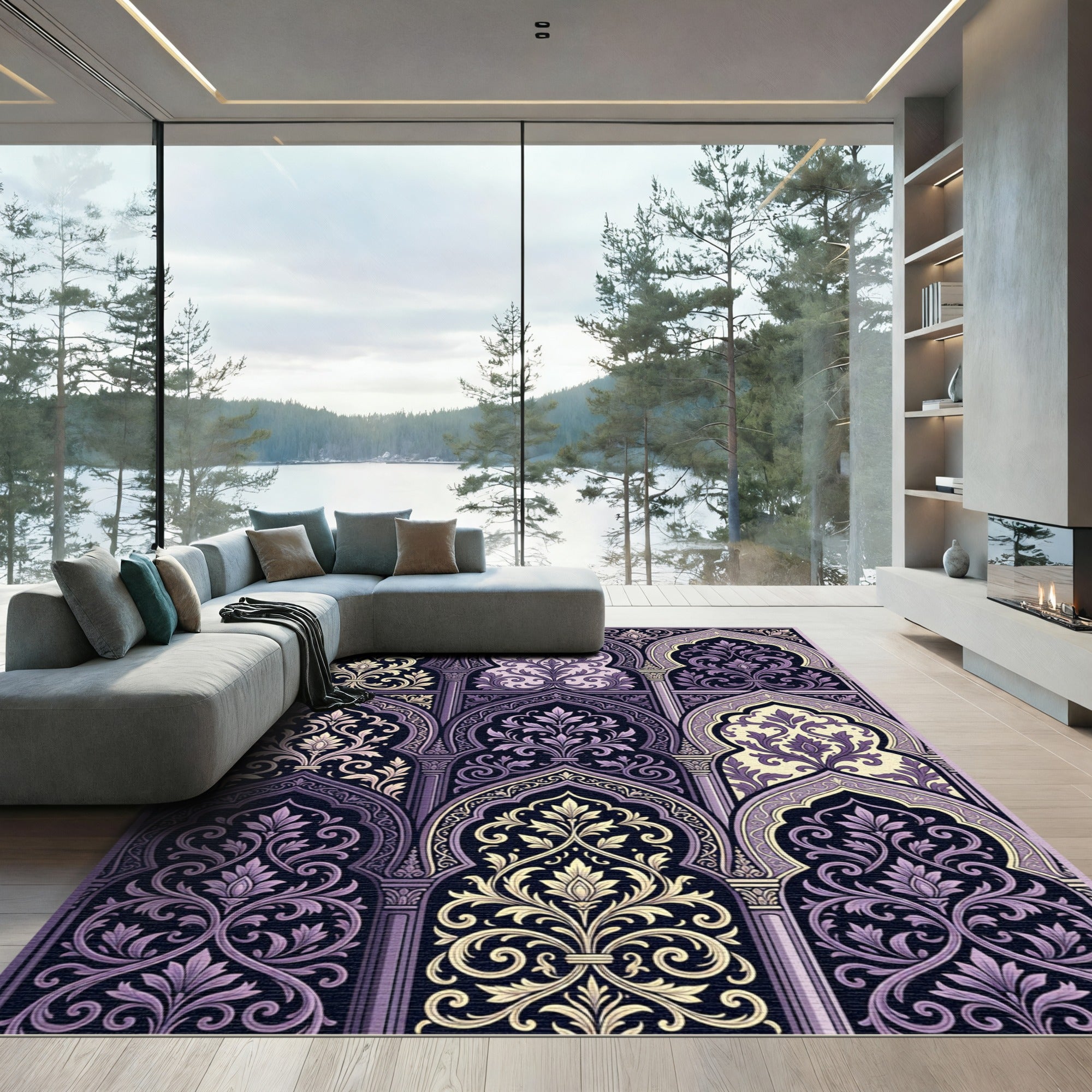 Ornate Amethyst Floral Archway Tapestry Rug