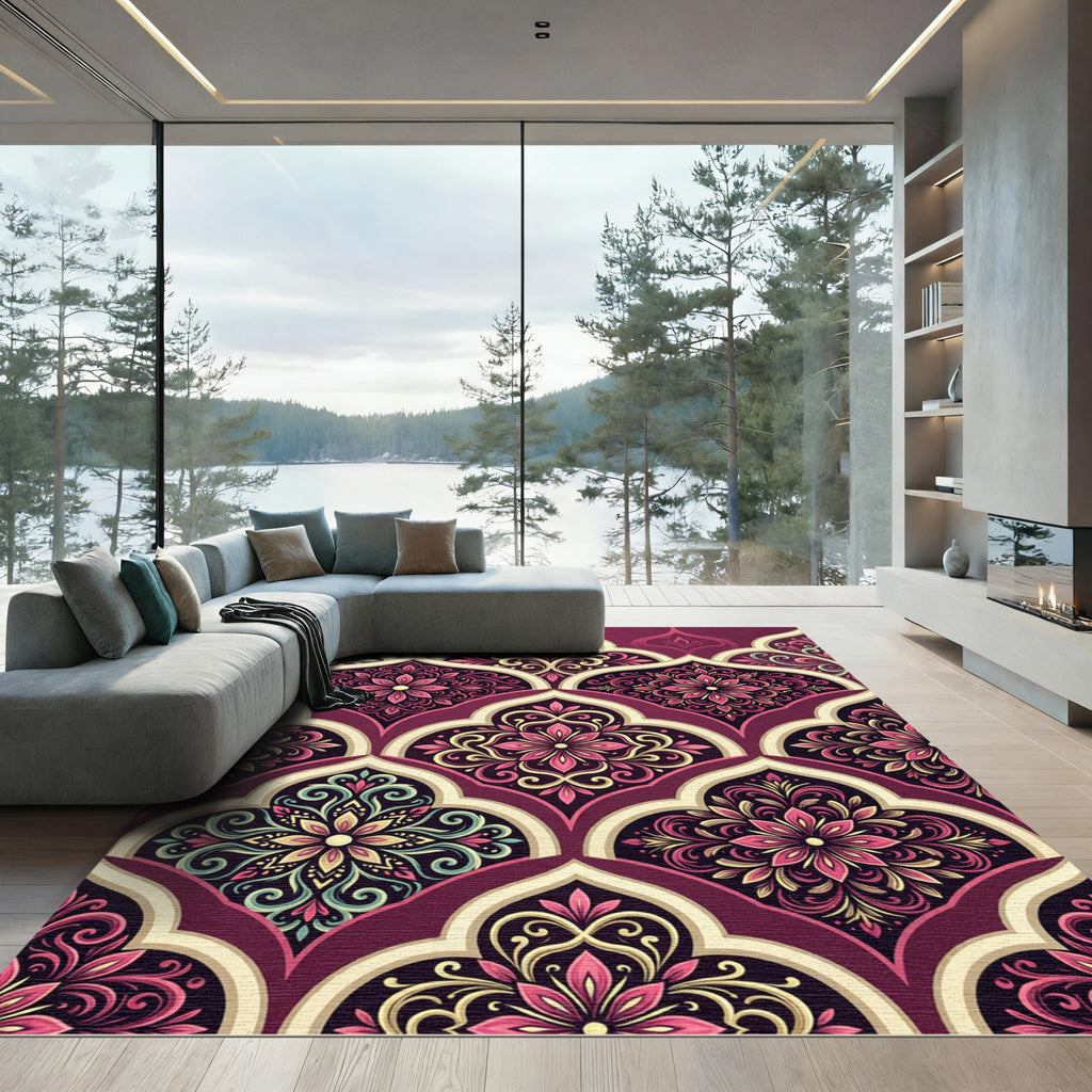 Burgundy Floral Damask Scalloped Medallion Rug
