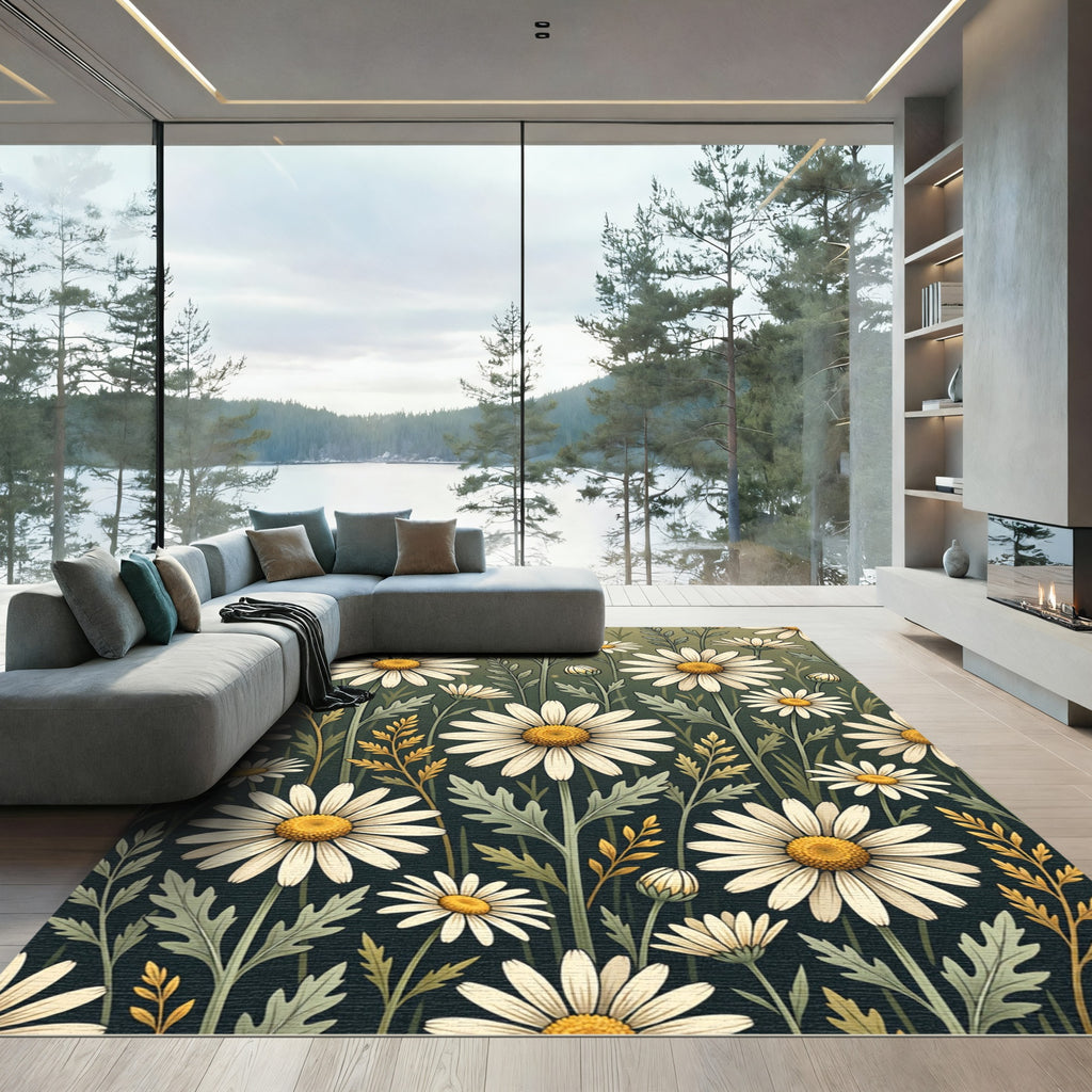 Charming White Daisy Sage Botanical Field Rug