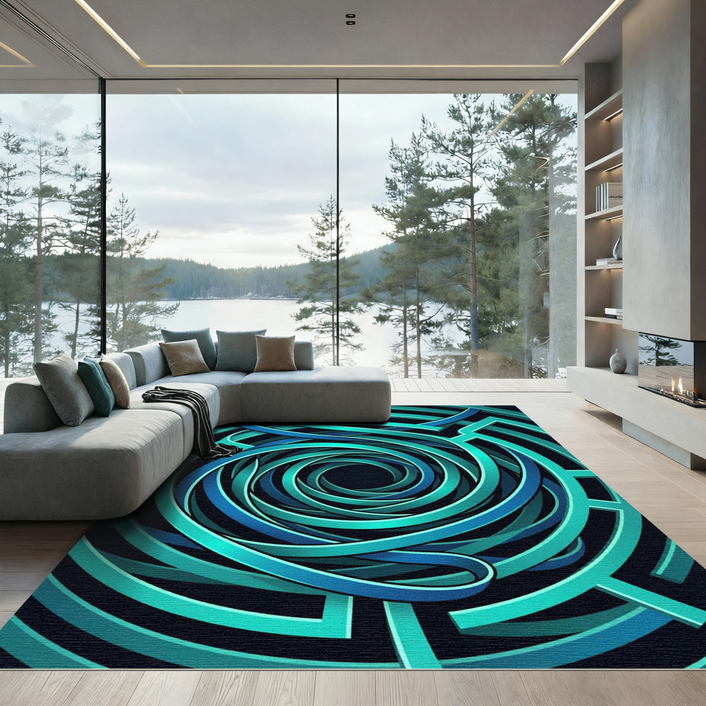 Abstract Teal Spiral Vortex Rug