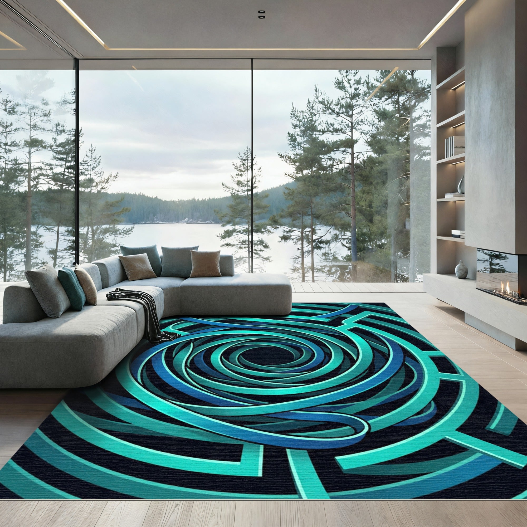 Abstract Teal Spiral Vortex Rug