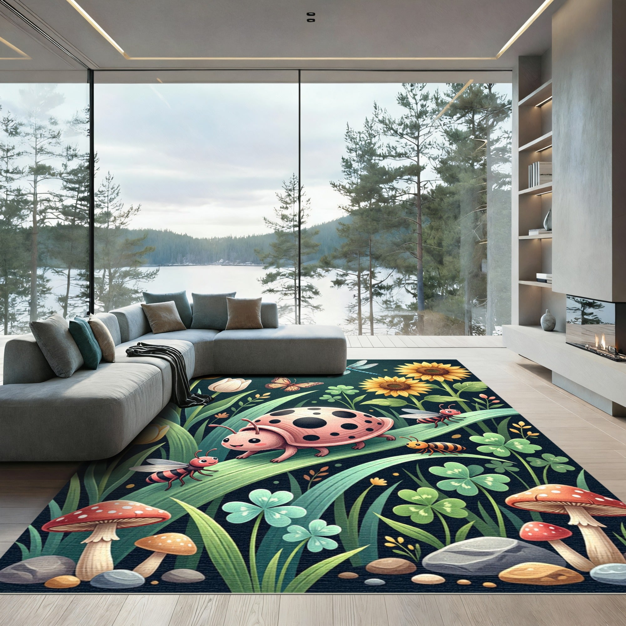 Whimsical Ladybug Garden Butterfly Dragonfly Rug