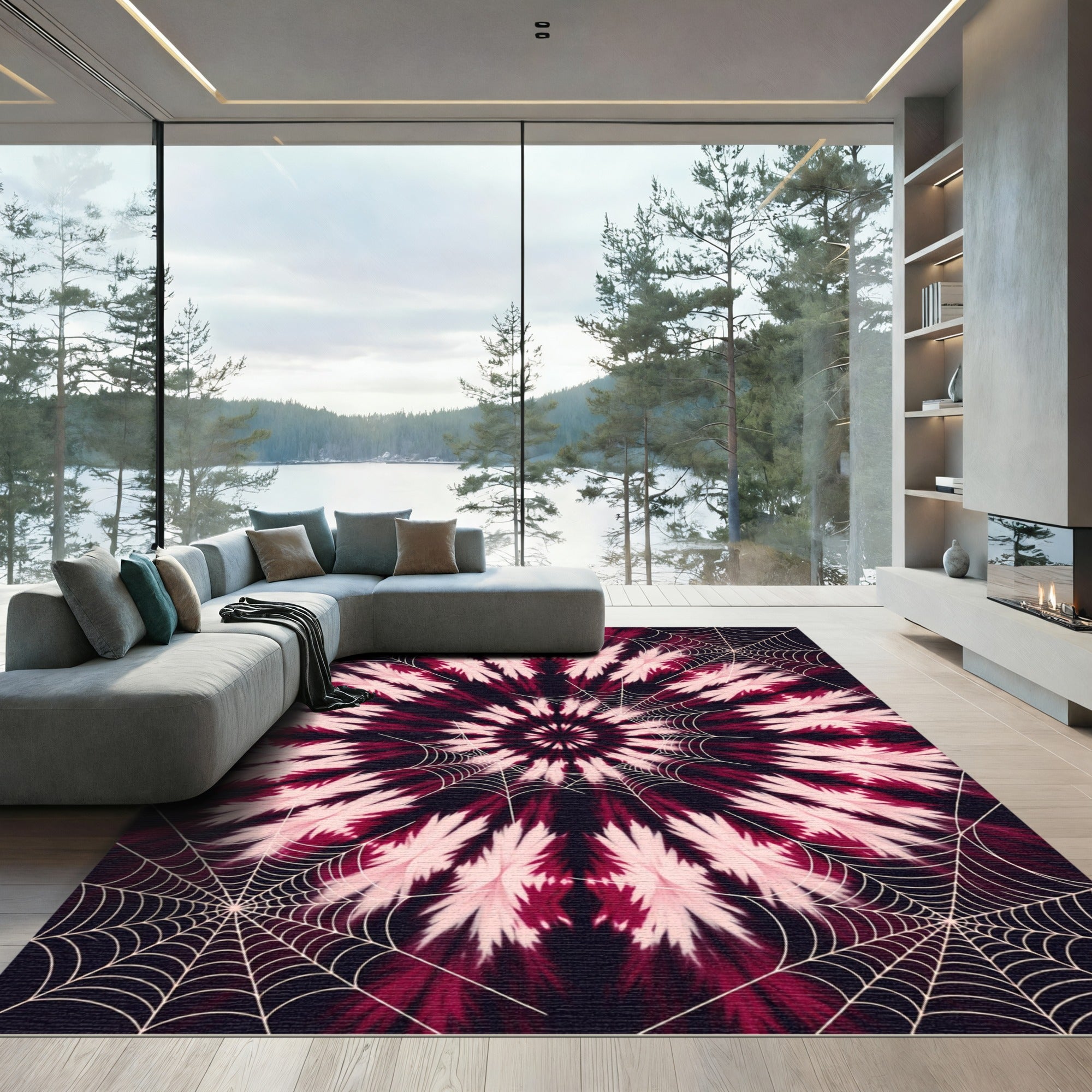 Crimson White Spiderweb Mandala Rug