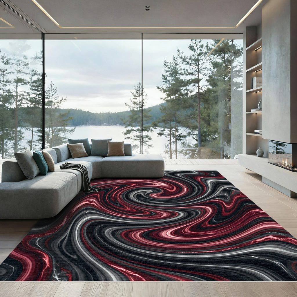Crimson Black Swirl Marble Rug