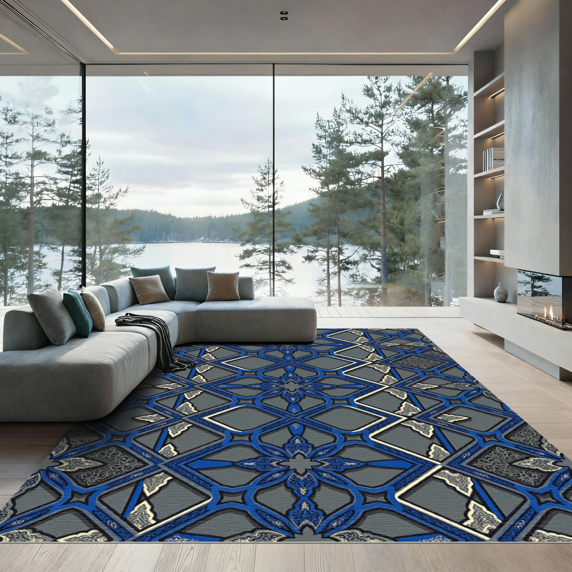 Ornate Blue Gray Geometric Lattice Rug