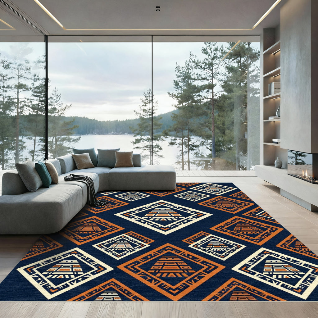 Geometric Aztec Step Pyramid Navy Gold Rug