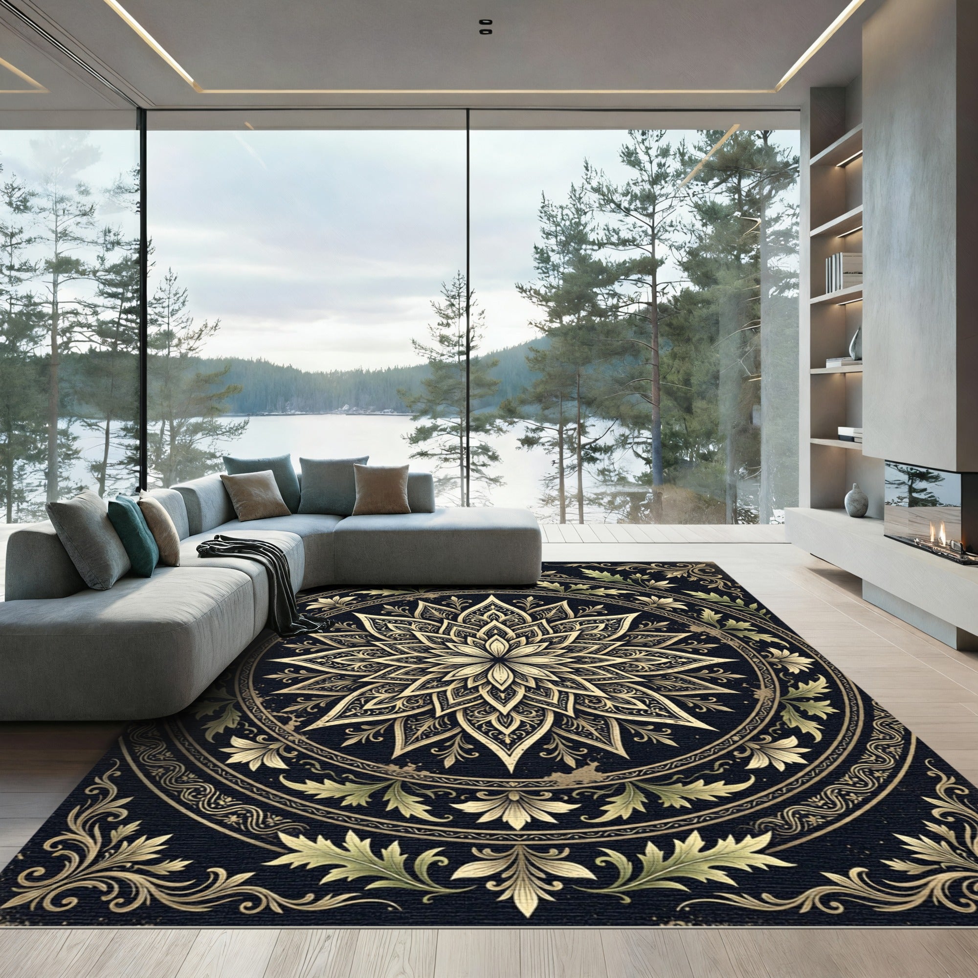 Ornate Gold Floral Bloom Medallion Rug