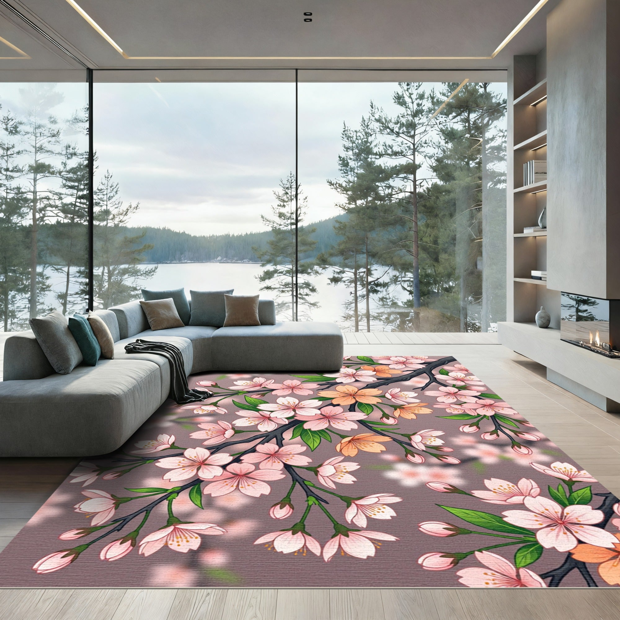 Pink Cherry Blossom Branch Accents Rug