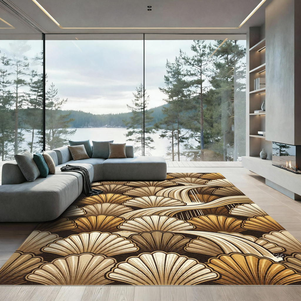 Golden Shell Waterfall Art Deco Rug
