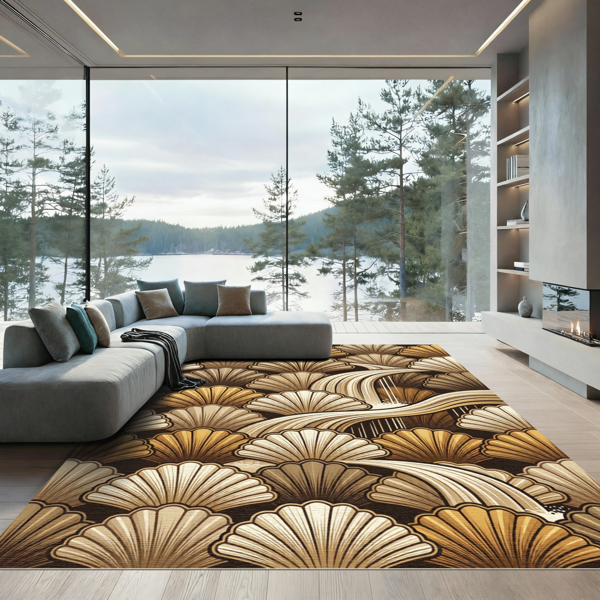 Golden Shell Waterfall Art Deco Rug