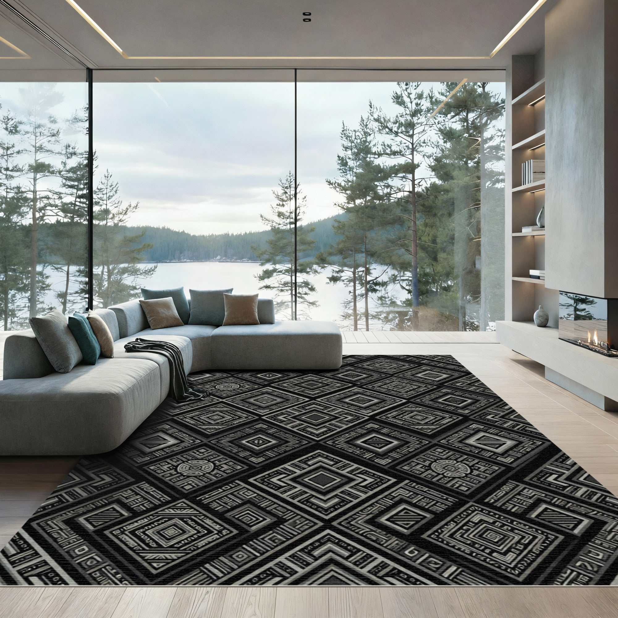 Geometric Black Silver Diamond Rug