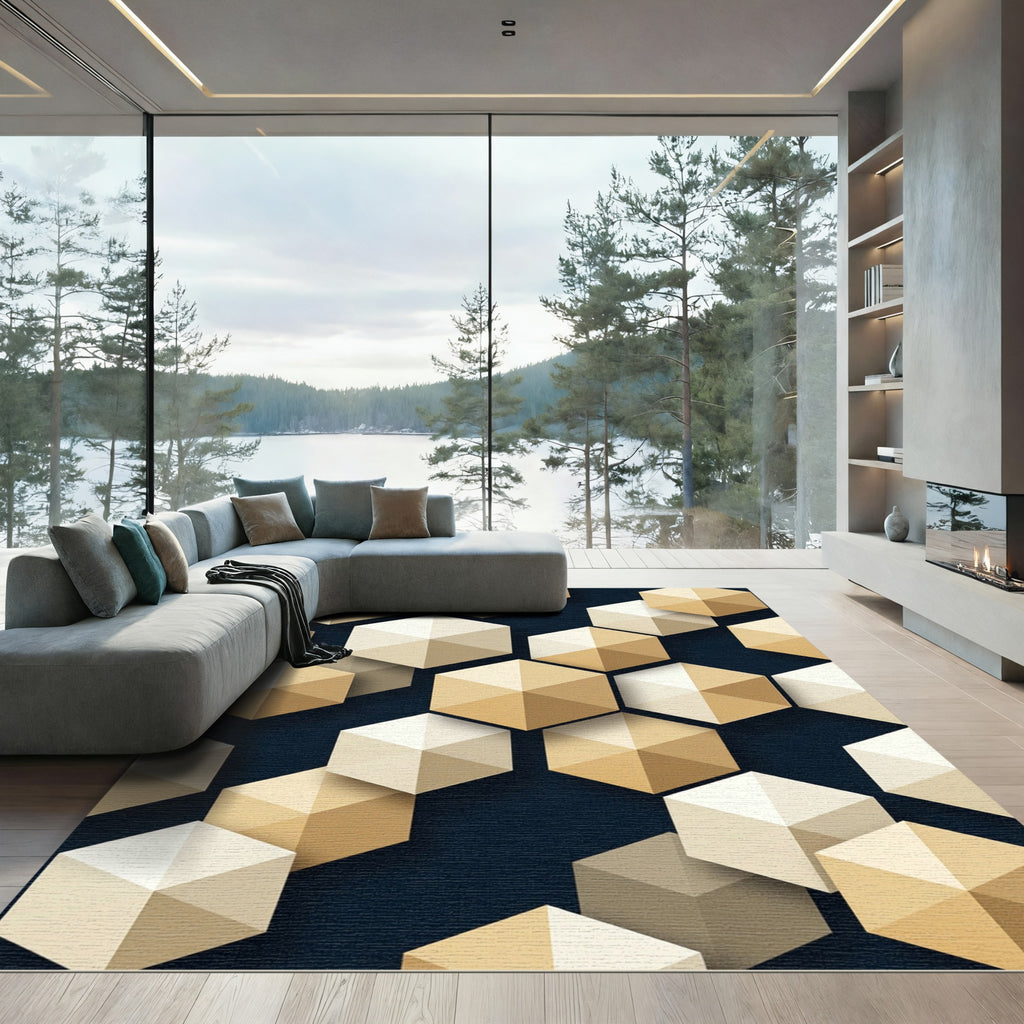 Gold Beige Cream Hexagonal Overlay Rug