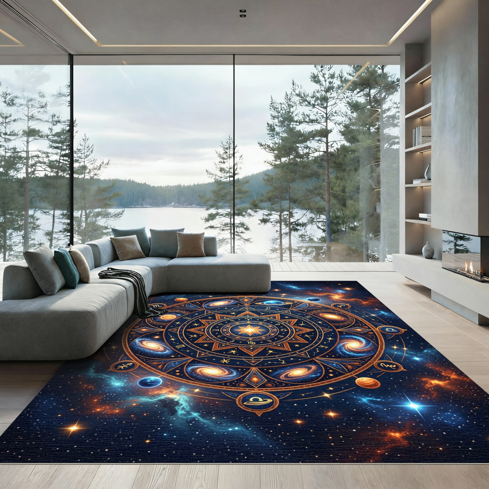 Cosmic Zodiac Galaxy Mandala Round Rug