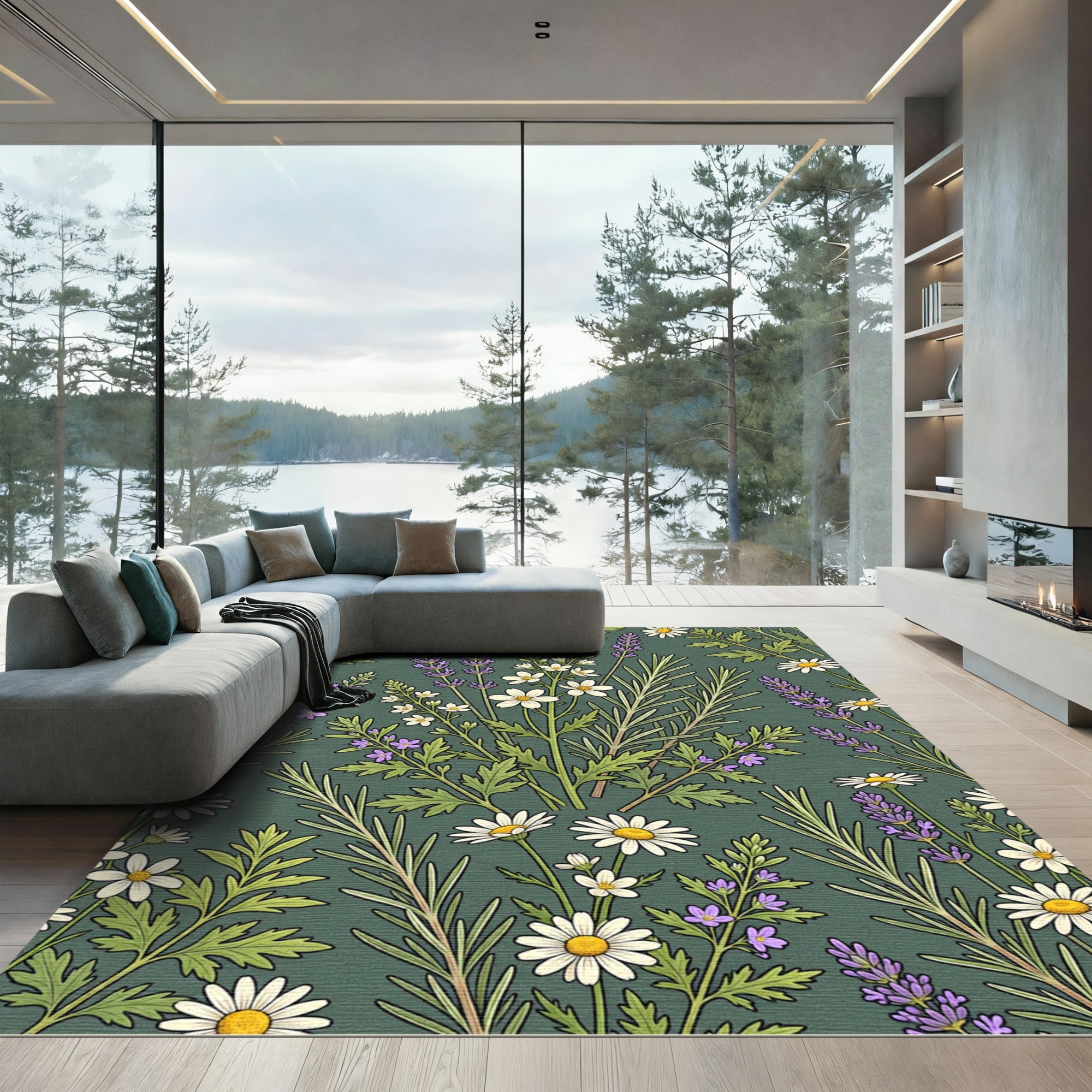 Botanical Lavender and Daisy Meadow Rug