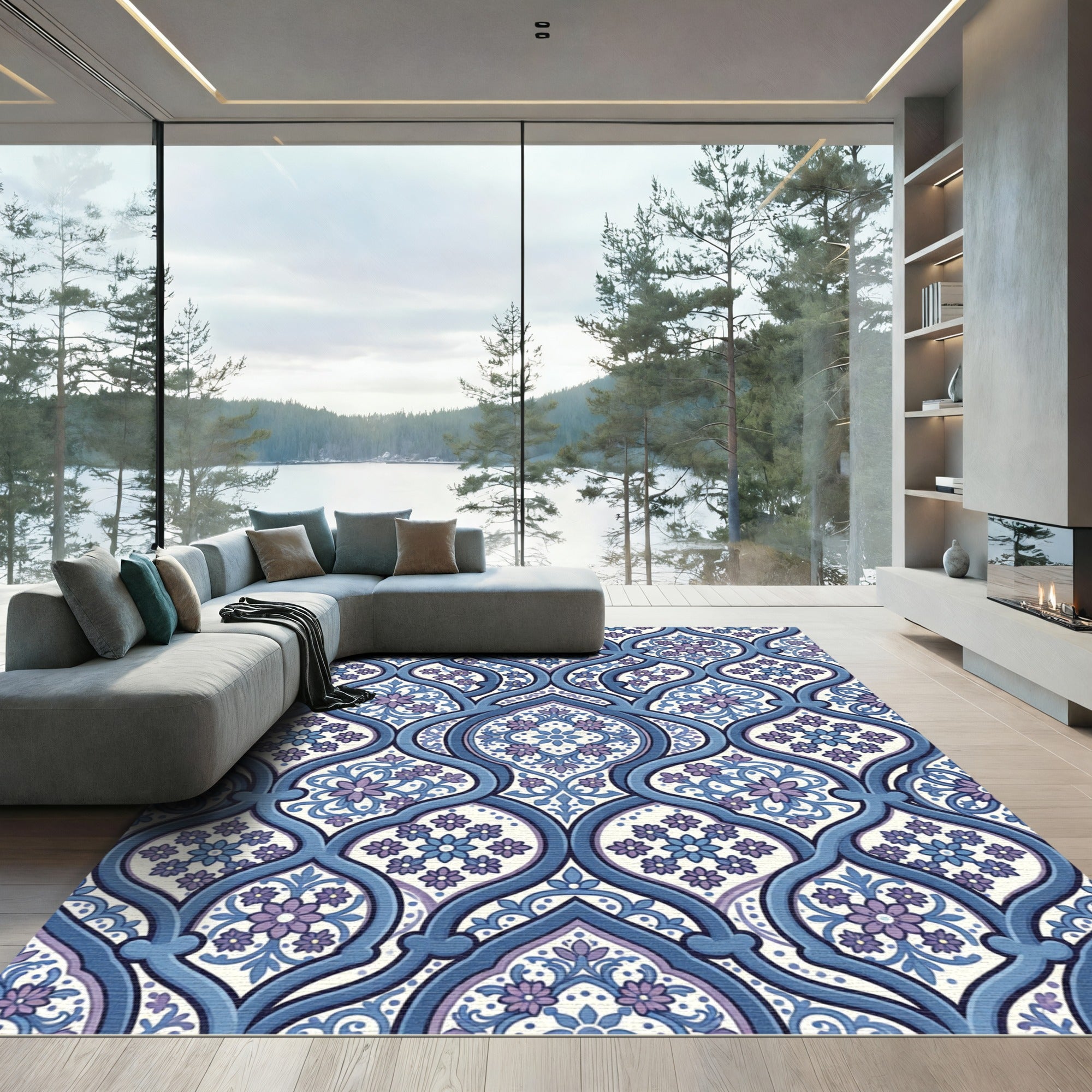 Blue and Violet Ornate Floral Damask Rug