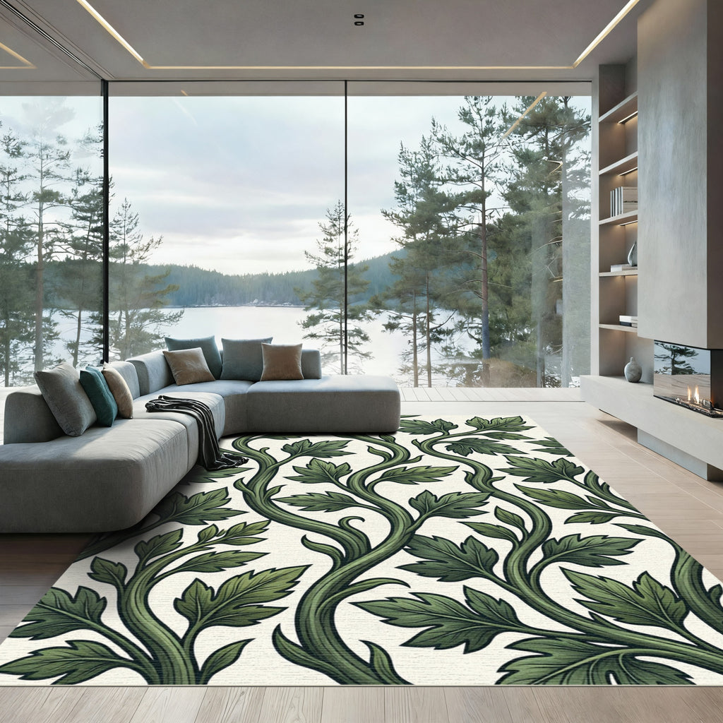 Lush Green Vine Leaf Scroll Rug