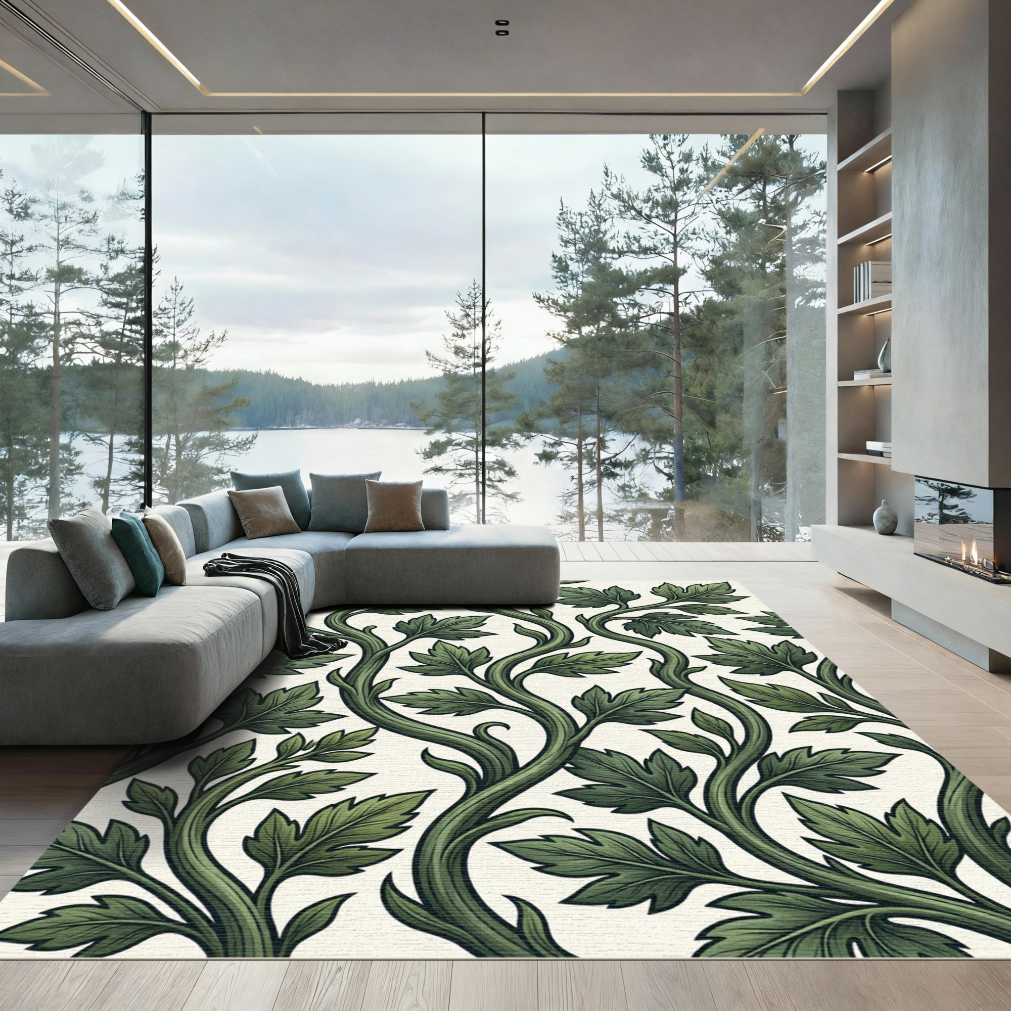 Lush Green Vine Leaf Scroll Rug