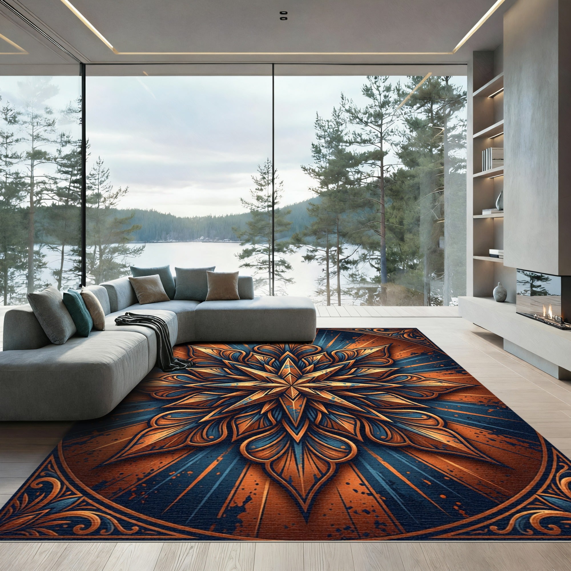 Golden Orange Blue Starburst Medallion Rug