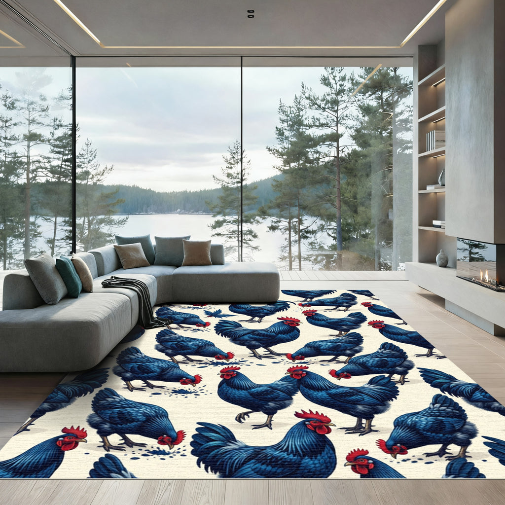 Elegant Indigo Rooster Farmyard Illustration Rug