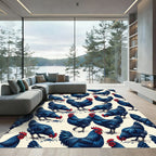 Elegant Indigo Rooster Farmyard Illustration Rug