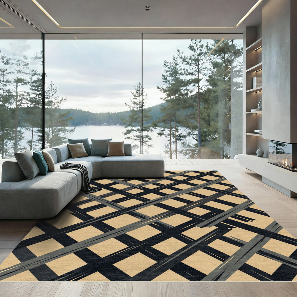 Tan Black Gray Diagonal Weave Rug