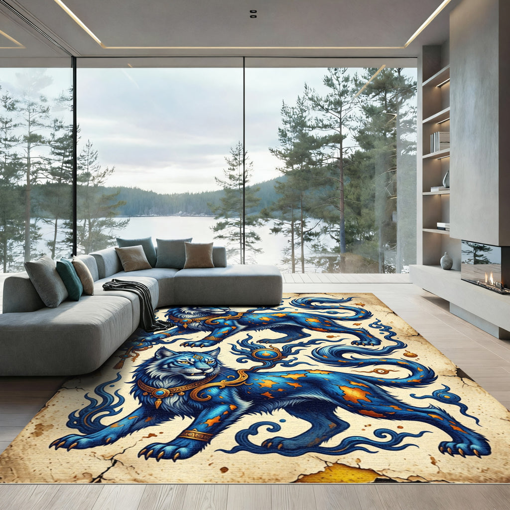 Celestial Azure Tiger Fantasy Illustration Rug
