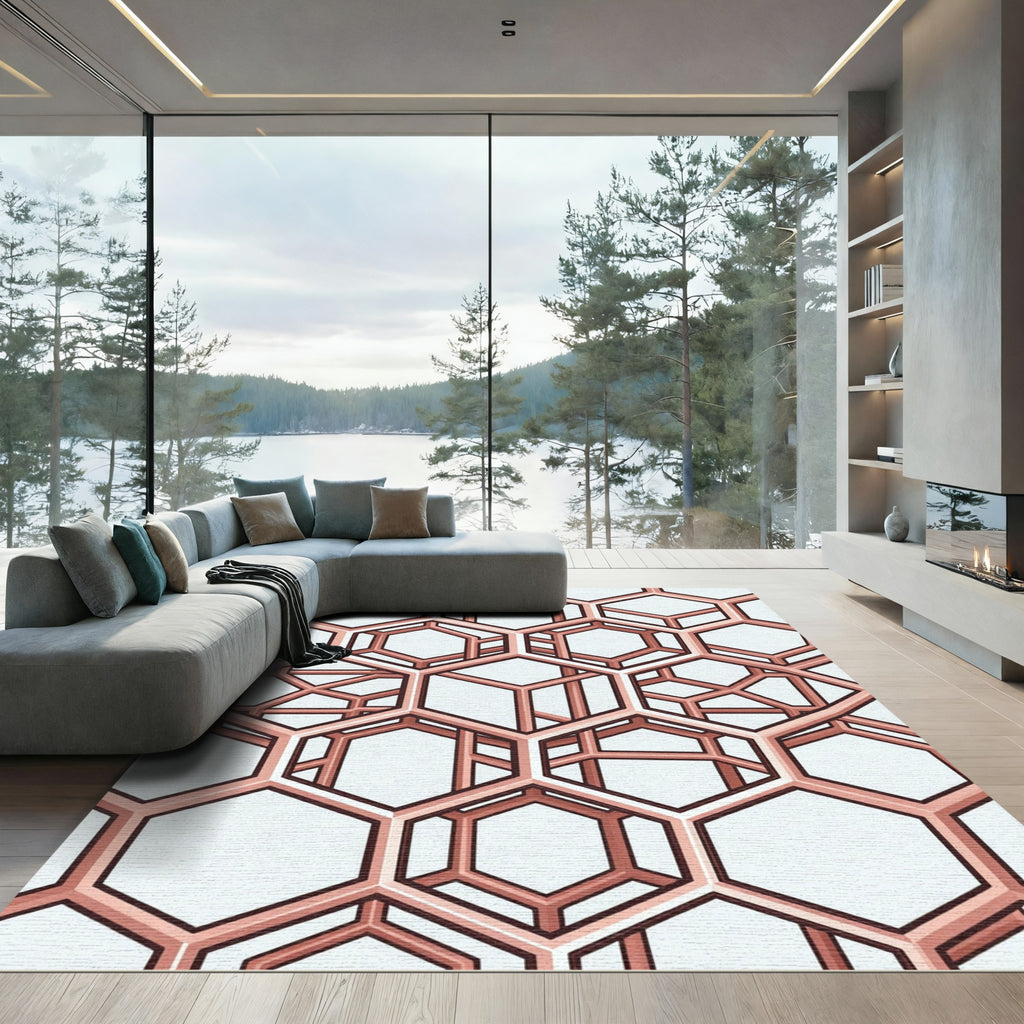 Copper Geometric Hexagon Illusion Structure Rug