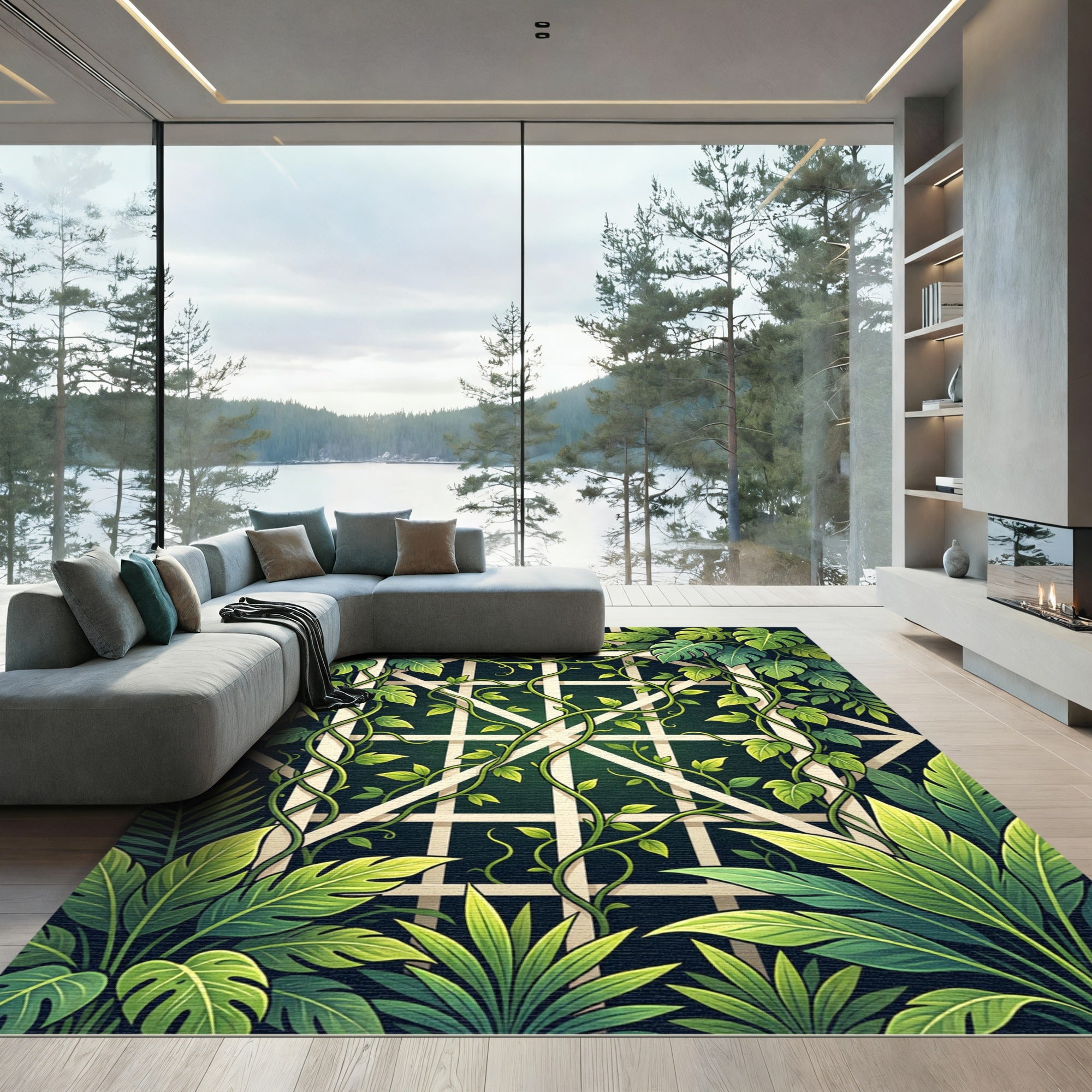 Lush Green Tropical Foliage Trellis Rug