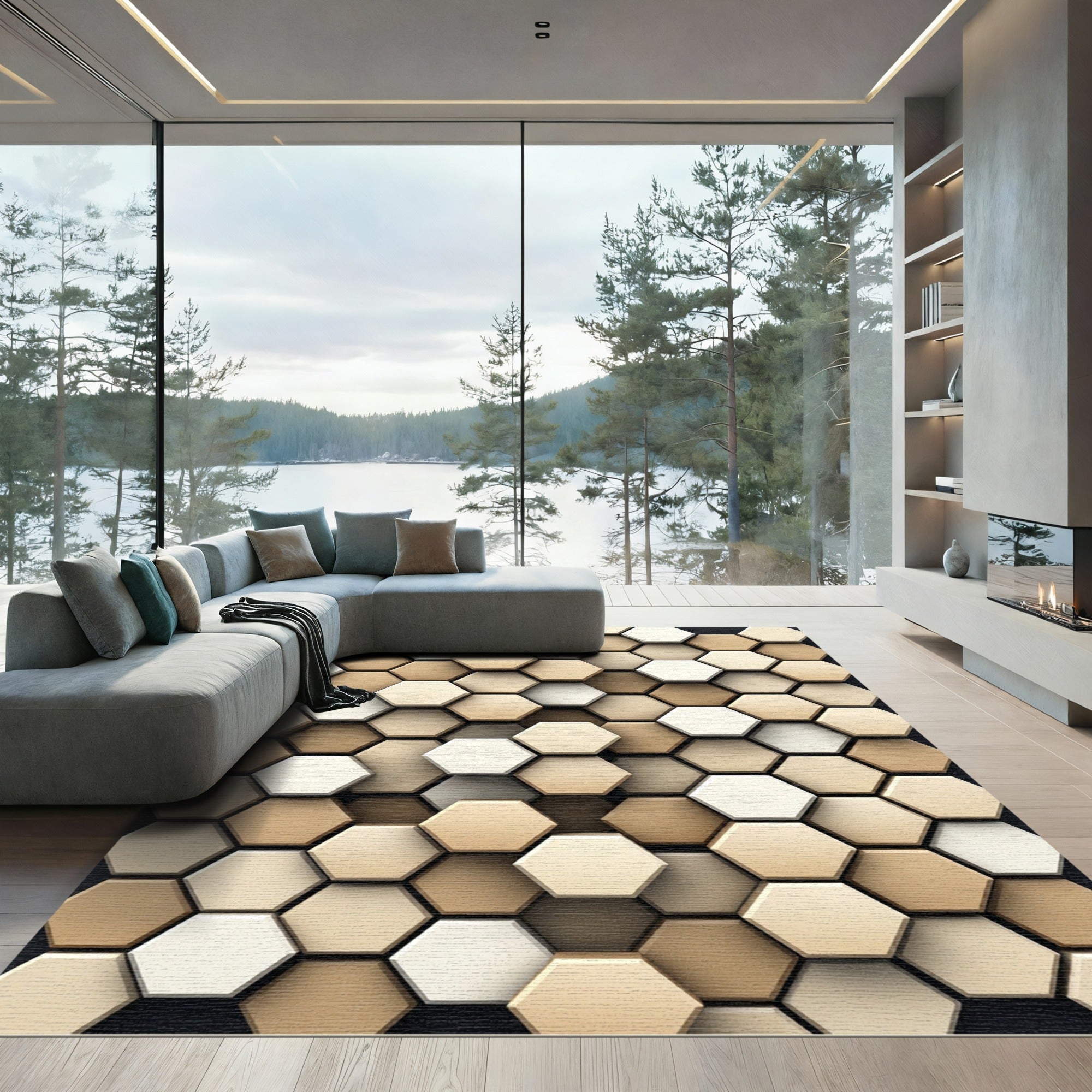 Neutral Beige Geometric Hexagon Mosaic Rug