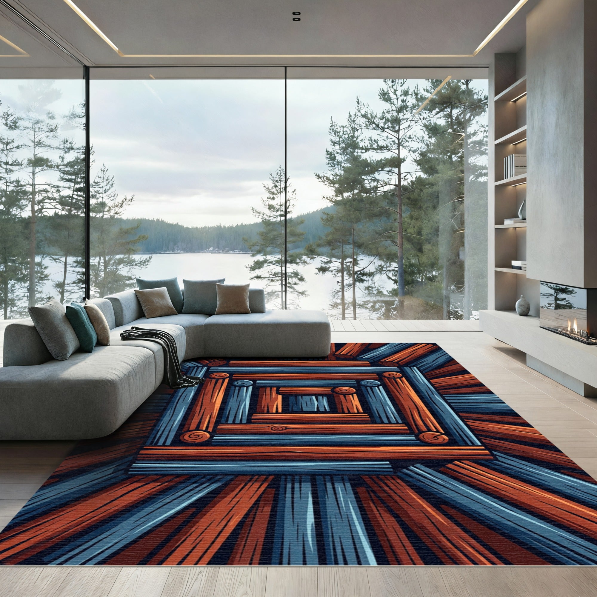Geometric Rustic Blue and Copper Logs Rug