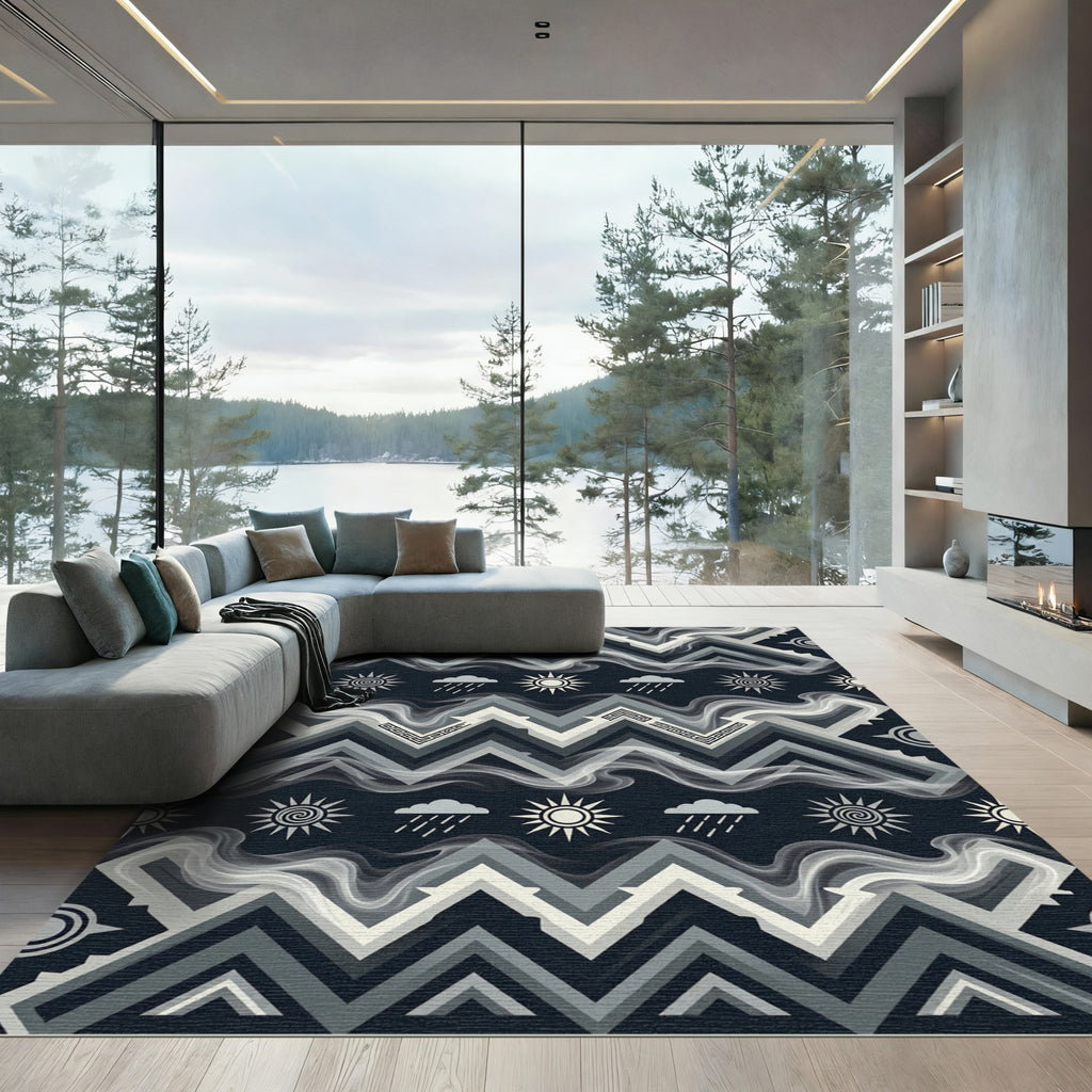 Dark Gray Sun Cloud Geometric Zigzag Rug