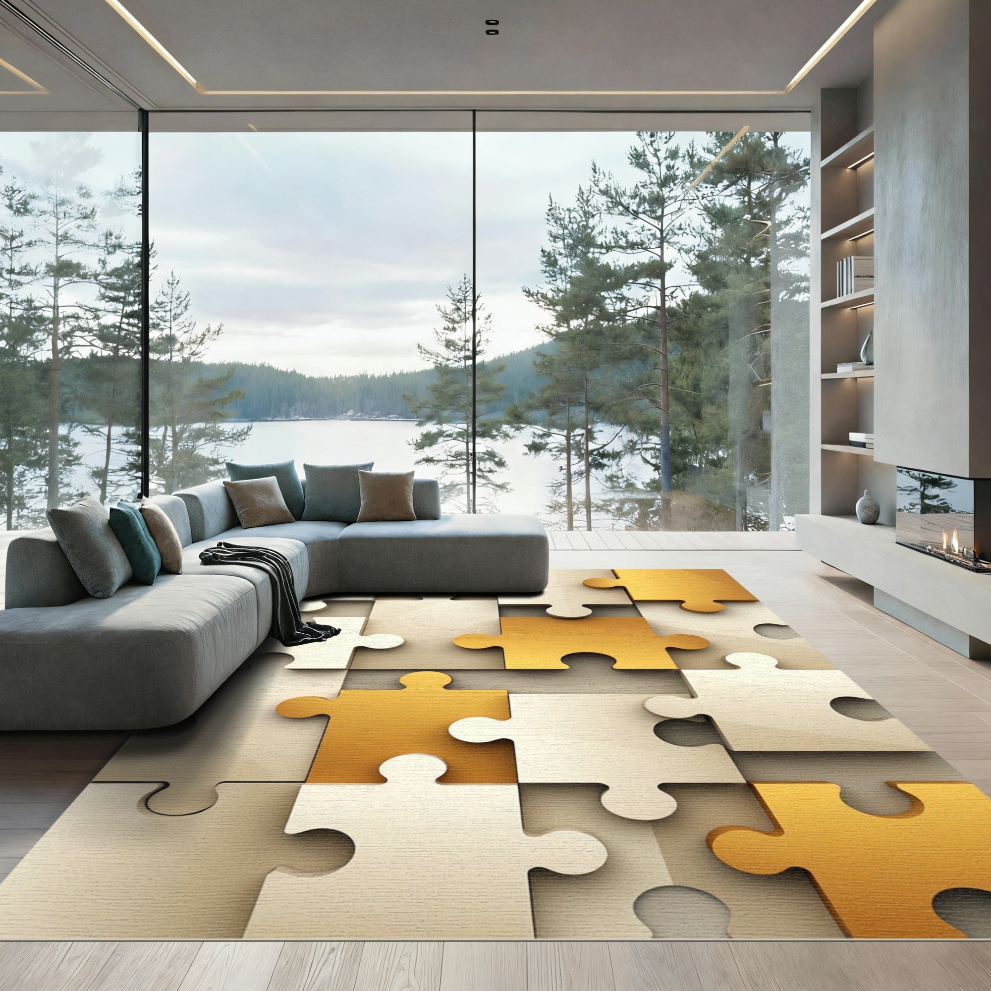 Golden Cream Jigsaw Interlock Rug
