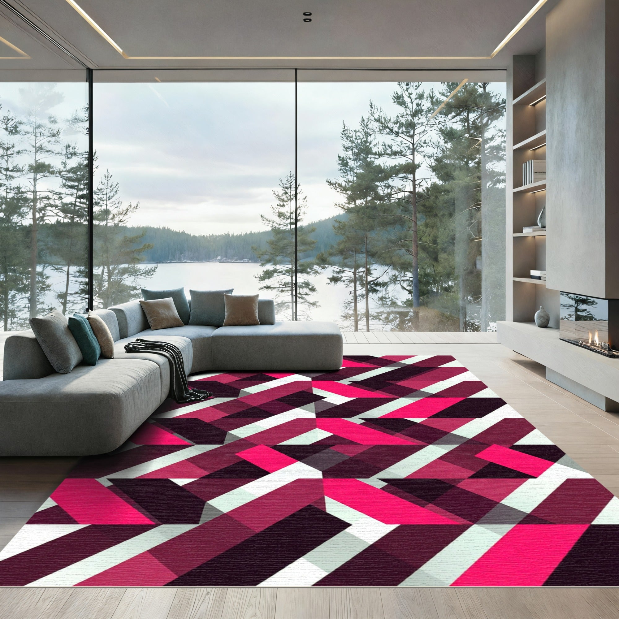 Modern Magenta Abstract Geometric Chevron Rug